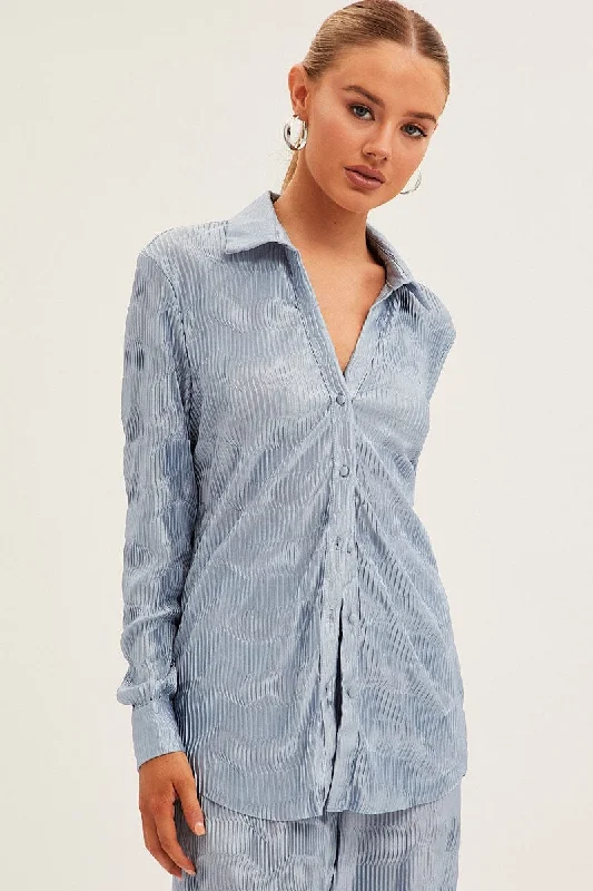 Blue Plisse Shirt Long Sleeve Collared Longline