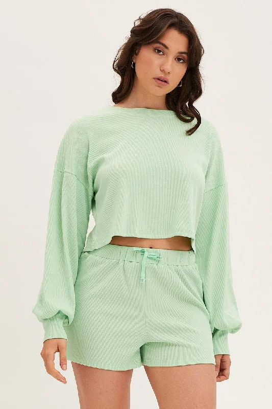 Green Loungewear Shirts Crop Cotton