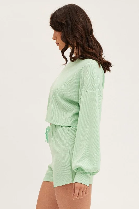 Green Loungewear Shirts Crop Cotton