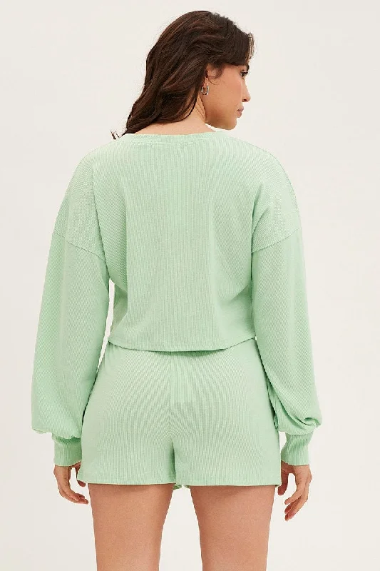 Green Loungewear Shirts Crop Cotton