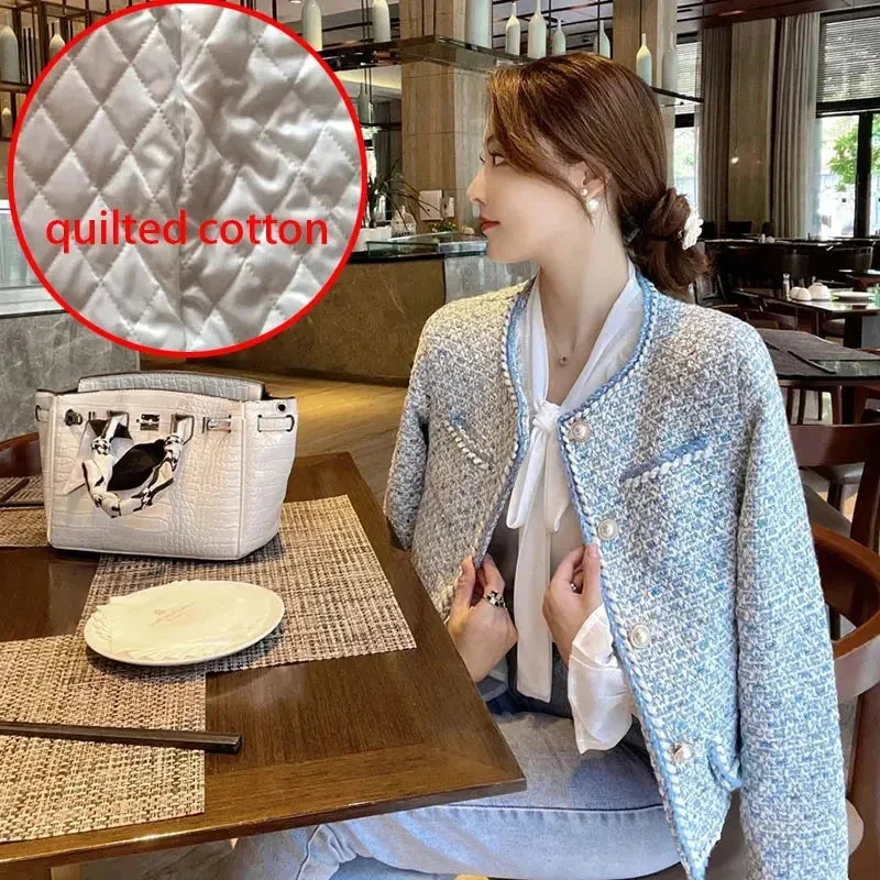 Elegant Luxury Blue Plaid Tweed Jacket Women Vintage Round Neck Pearl Button Des