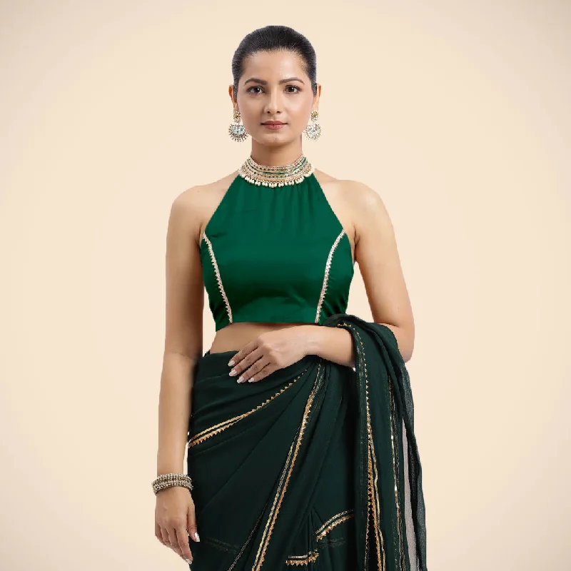 Laila x Tyohaar | Bottle Green Halterneck FlexiFit™ Saree Blouse with Heavy Golden Gota and Pearl Embellishments