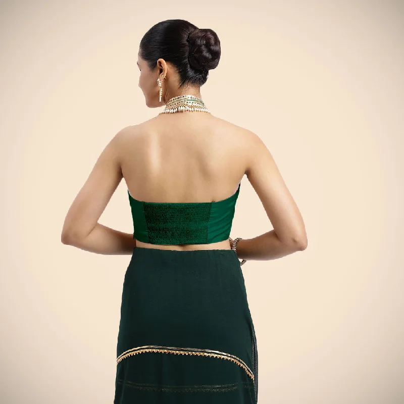 Laila x Tyohaar | Bottle Green Halterneck FlexiFit™ Saree Blouse with Heavy Golden Gota and Pearl Embellishments