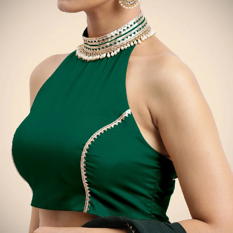 Laila x Tyohaar | Bottle Green Halterneck FlexiFit™ Saree Blouse with Heavy Golden Gota and Pearl Embellishments