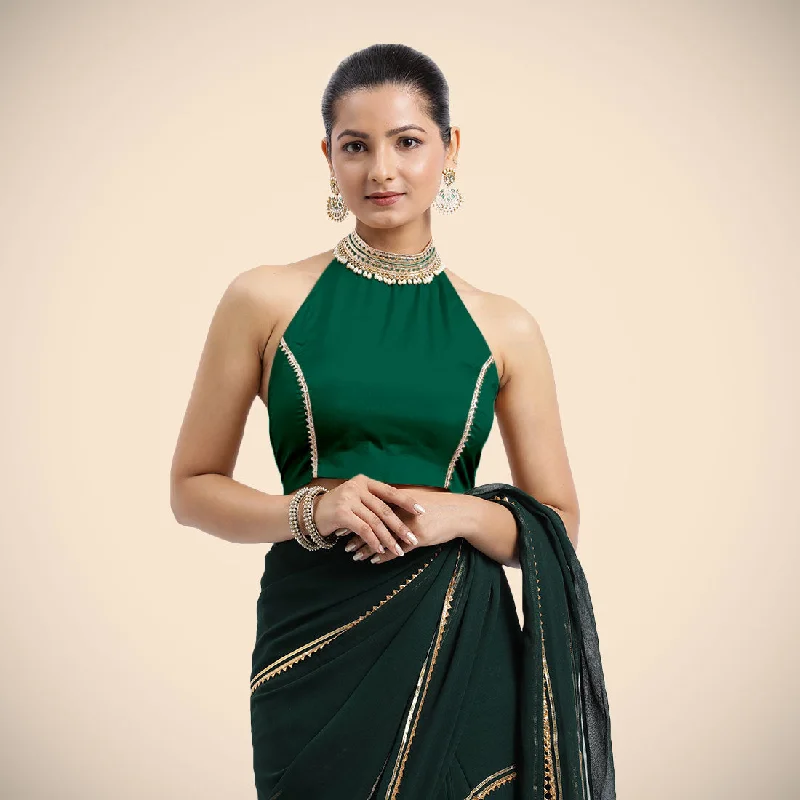 Laila x Tyohaar | Bottle Green Halterneck FlexiFit™ Saree Blouse with Heavy Golden Gota and Pearl Embellishments