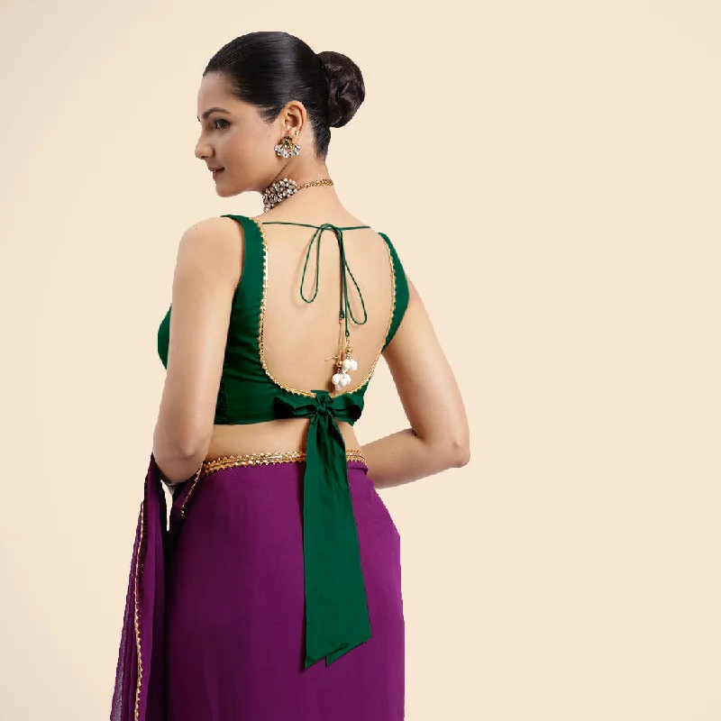 Raisa x Tyohaar | Bottle Green Sleeveless FlexiFit™ Saree Blouse with V Neckline with Golden Gota Lace Embellishment and Back Cut-out with Tie-Up