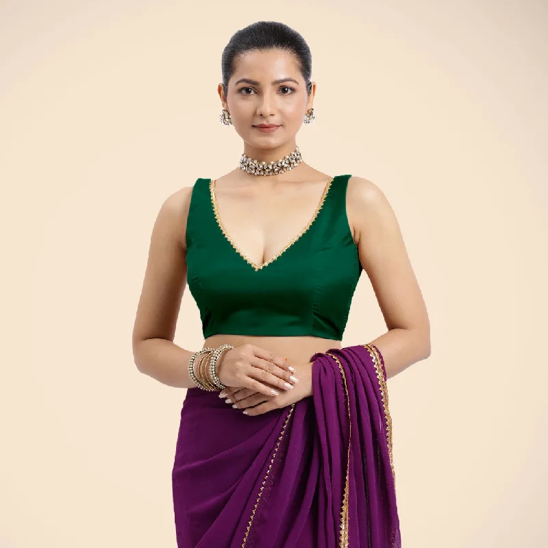 Raisa x Tyohaar | Bottle Green Sleeveless FlexiFit™ Saree Blouse with V Neckline with Golden Gota Lace Embellishment and Back Cut-out with Tie-Up