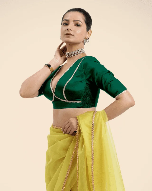 Zeenat x Tyohaar | Bottle Green Saree Blouse w/ FlexiFit™ and Golden Gota Lace