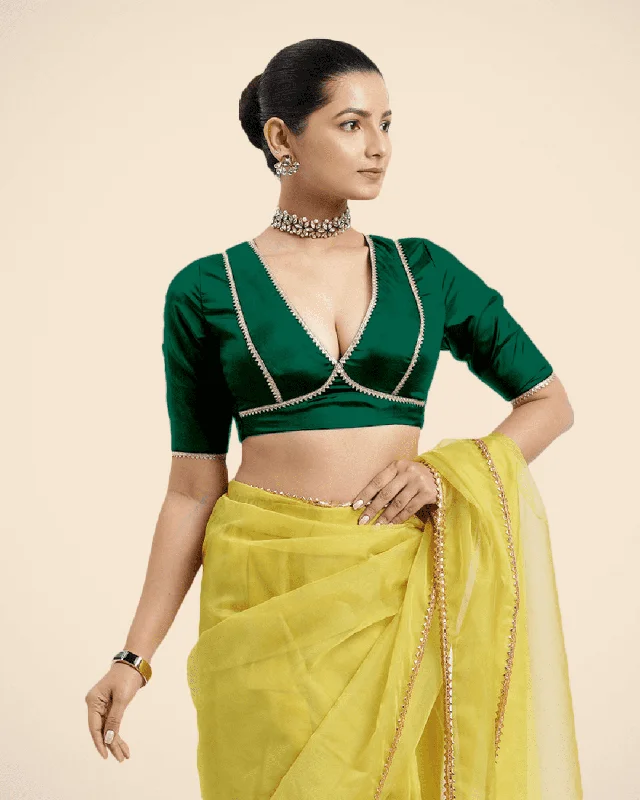 Zeenat x Tyohaar | Bottle Green Saree Blouse w/ FlexiFit™ and Golden Gota Lace