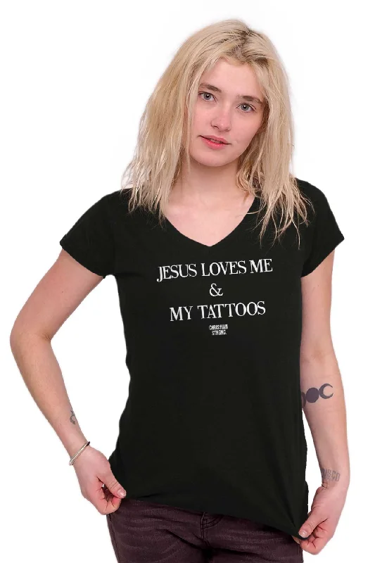 Jesus Loves My Tattoos Junior Fit V-Neck T-Shirt