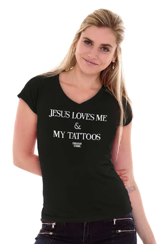 Jesus Loves My Tattoos Junior Fit V-Neck T-Shirt