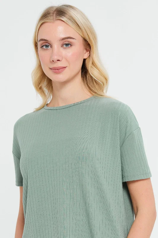 Women Mint Oversize Ribbed T-Shirt