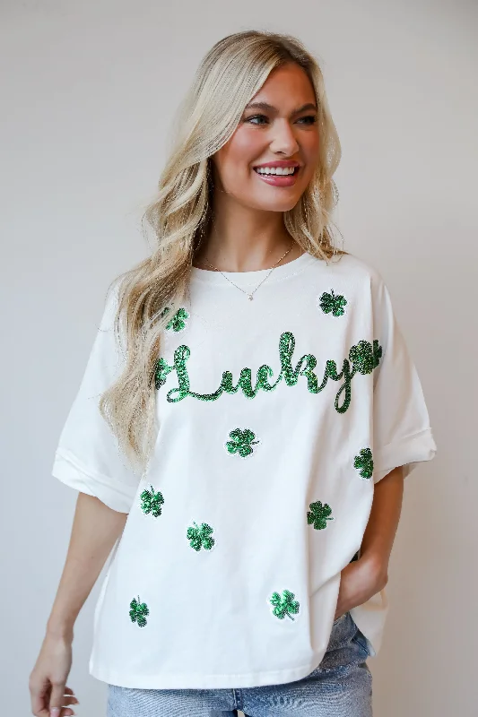 FINAL SALE - White Sequin ""Lucky"" Four Leaf Clover Tee