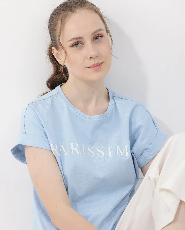 Rareism Women'S Alte Light Blue Cotton Elastane Fabric Crew Neck Knit Solid T-Shirt