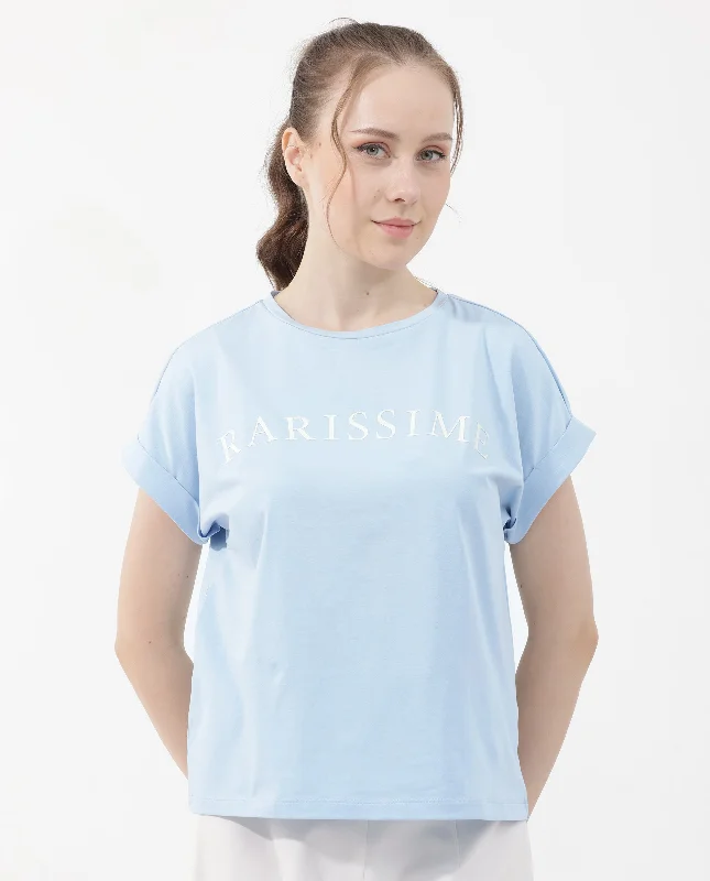 Rareism Women'S Alte Light Blue Cotton Elastane Fabric Crew Neck Knit Solid T-Shirt