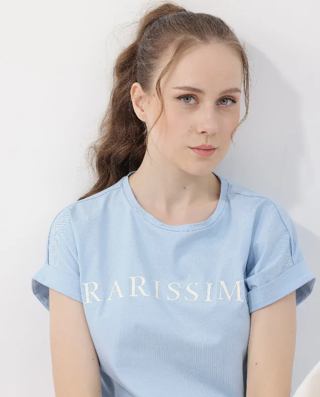 Rareism Women'S Alte Light Blue Cotton Elastane Fabric Crew Neck Knit Solid T-Shirt