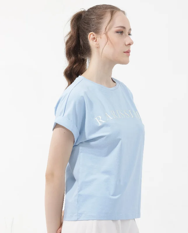 Rareism Women'S Alte Light Blue Cotton Elastane Fabric Crew Neck Knit Solid T-Shirt