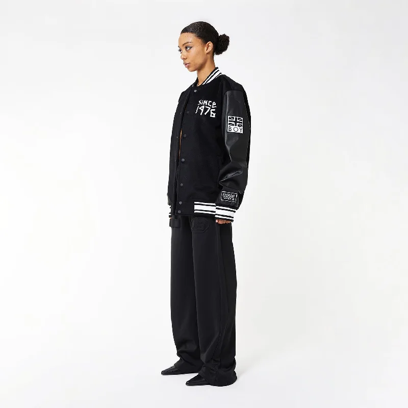 BOY TAPE EAGLE SHORT VARSITY BOMBER JACKET WOMENS - BLACK