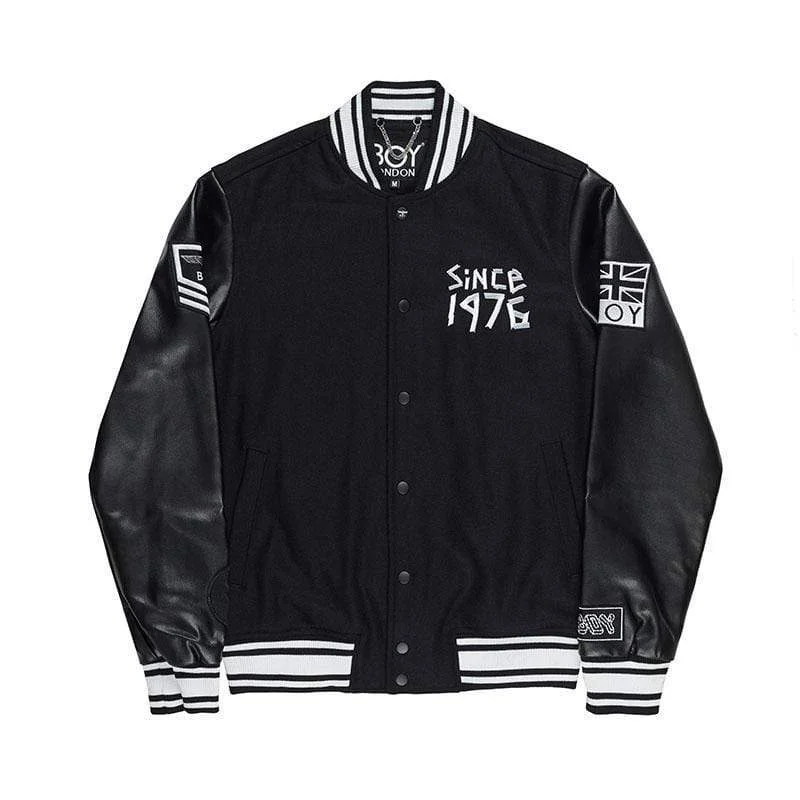 BOY TAPE EAGLE SHORT VARSITY BOMBER JACKET WOMENS - BLACK