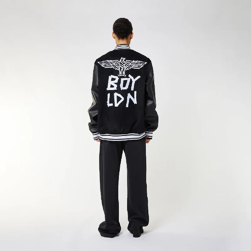 BOY TAPE EAGLE SHORT VARSITY BOMBER JACKET WOMENS - BLACK