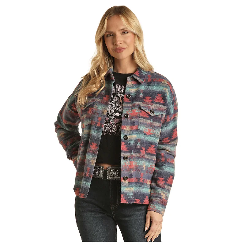 RRWO92R08H Rock & Roll Denim Women's Shacket Shirt Jacket - Indigo Print