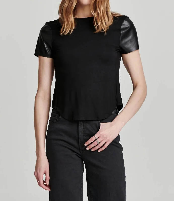 Elodie Mixed Media Short Sleeve Top In Black