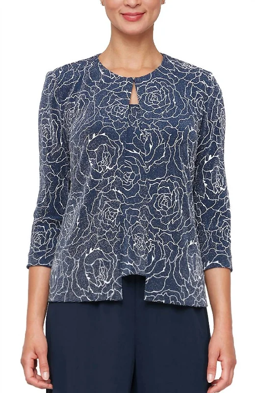 Flower Printed Twinset With Hook Neck Closure Jacket In Dark Navy