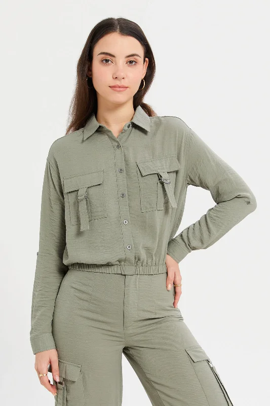 Women Green Cropped Elasticated Hem Jacket