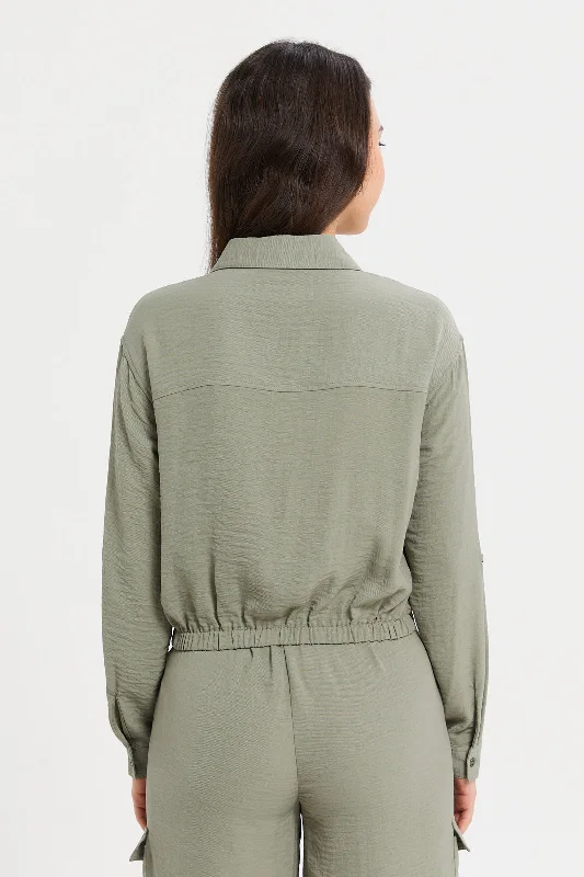 Women Green Cropped Elasticated Hem Jacket