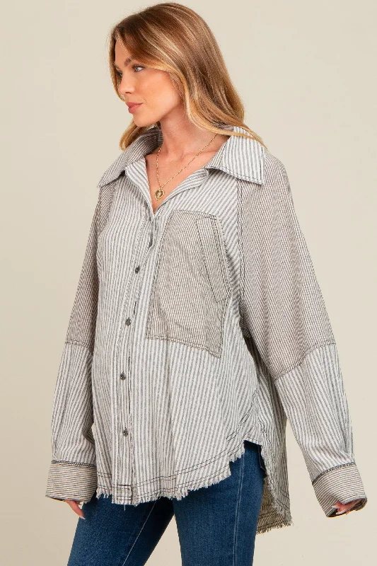 Ivory Striped Button Down Oversized Long Sleeve Maternity Top