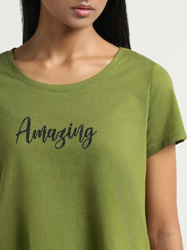 LOV Green Contrast Printed Cotton T-Shirt