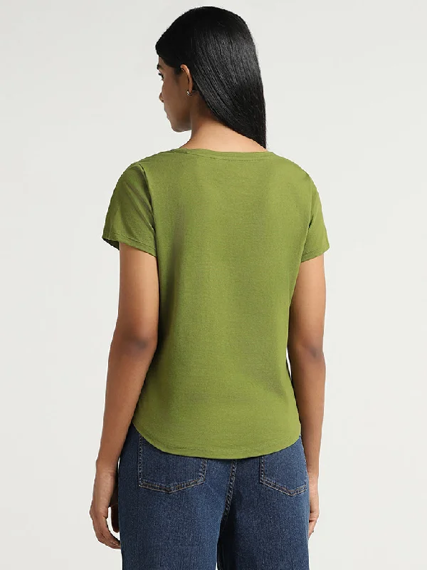 LOV Green Contrast Printed Cotton T-Shirt