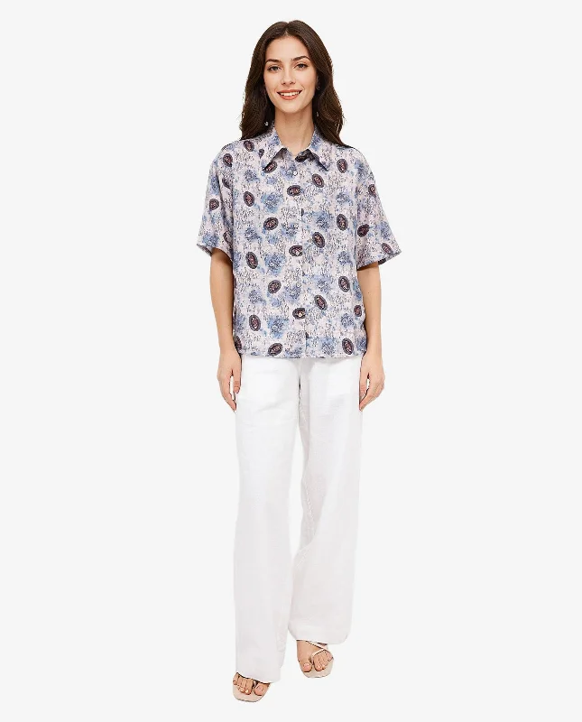 Rareism Women's Orchard Off White Short Sleeve Collared Collar Button Boxy Fit Abstract Print Shirt