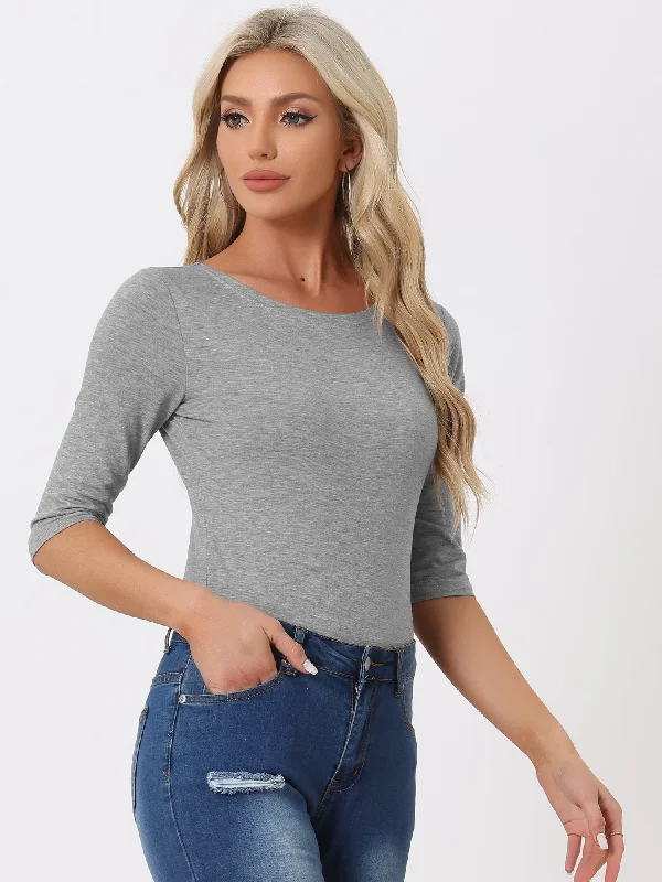 Casual Boat Neck Elbow Sleeve Solid Basic T-shirt