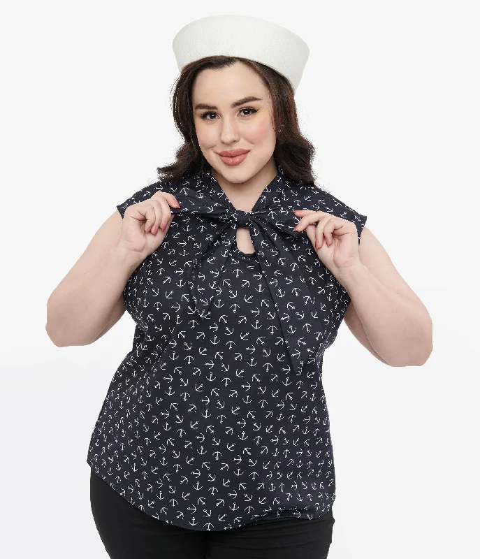 Retrolicious Plus Size 1950s Navy Anchor Print Cotton Bow Blouse