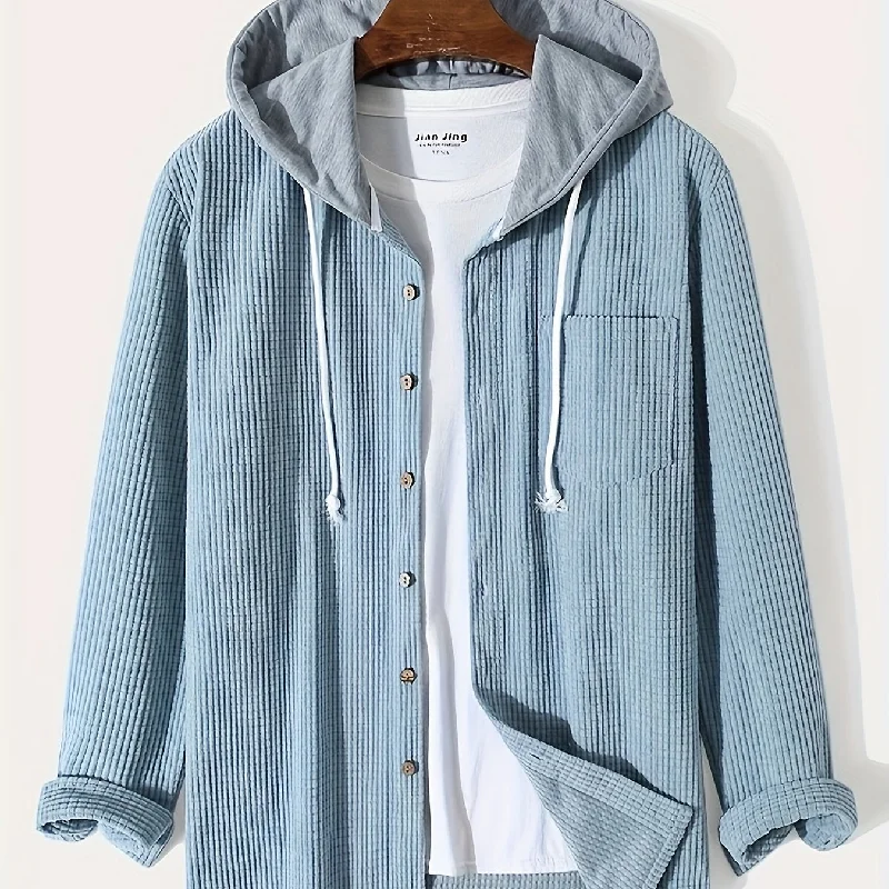 Sixsr Waffle Pattern Hoodie Shirt Coat For Men Long Sleeve Casual Regular Fit Button Up Hooded Shirts Jacket