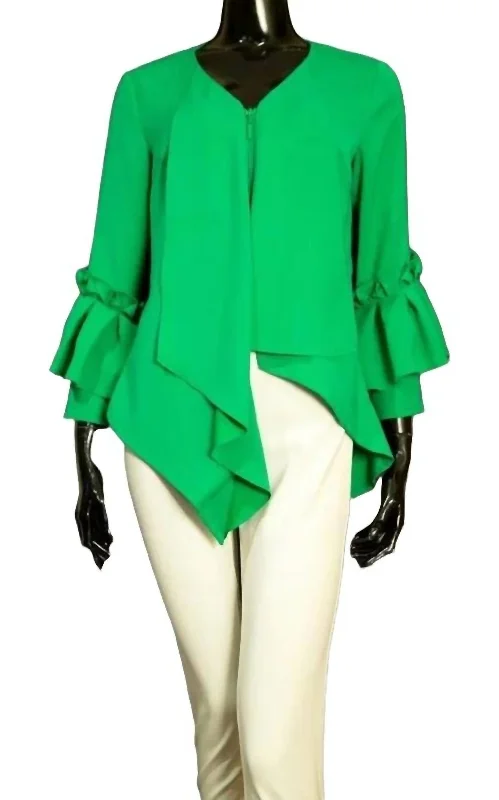 Stretch Jacket With Ruffle Front Sleeves In Jade