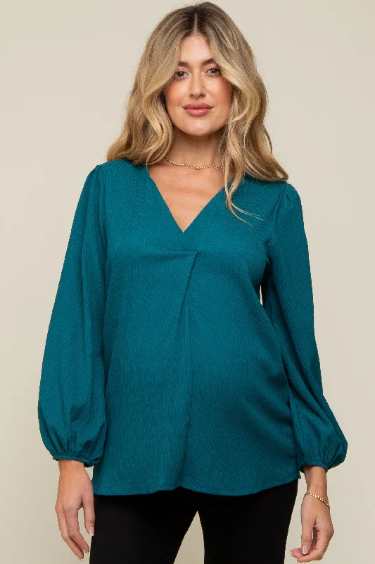 Teal Textured Long Sleeve Maternity Blouse