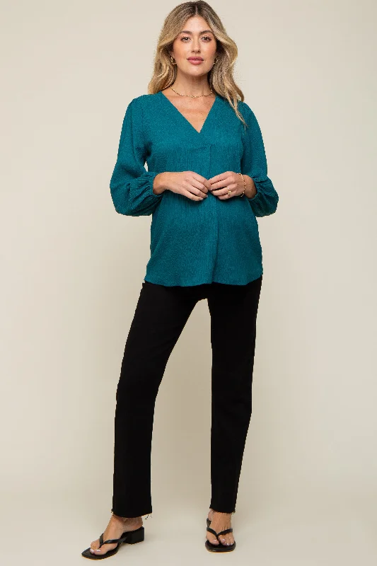 Teal Textured Long Sleeve Maternity Blouse