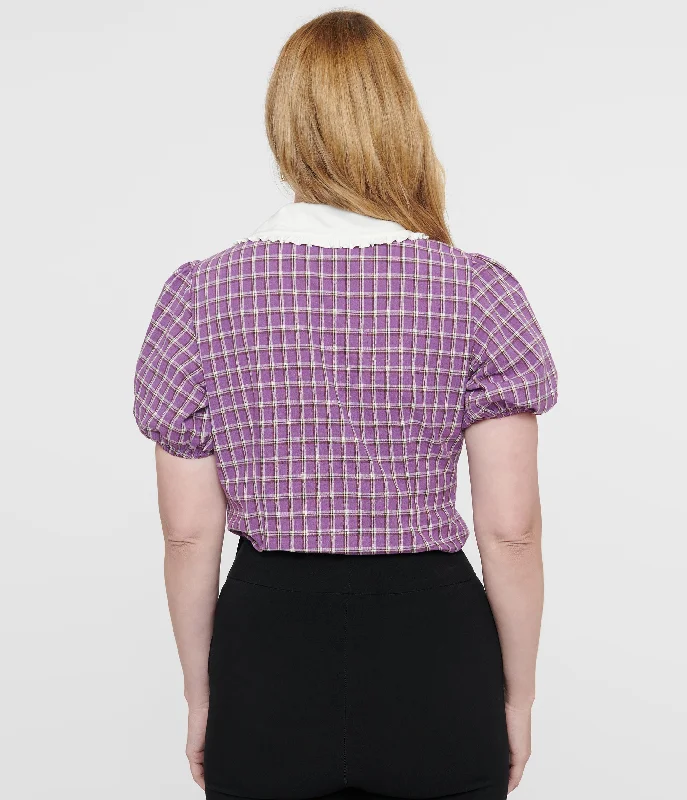 Unique Vintage 1930s Purple Plaid Oversized Collar Blouse