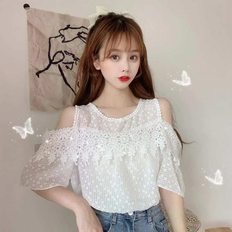 Women's Kawaii Round Collar Off-shoulder Loose Shirts