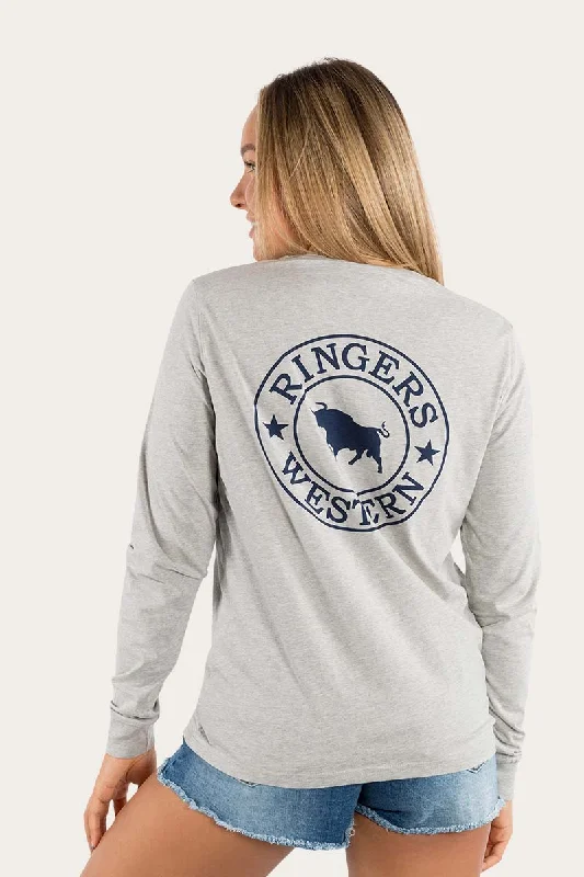 Signature Bull Womens Loose Fit Long Sleeve T-Shirt - Grey Marle/Navy