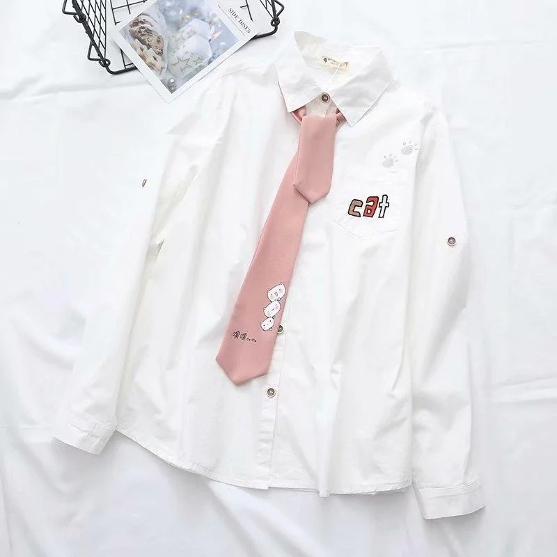 Women's Sweet Cats Printed Tie And Pocket Shirts