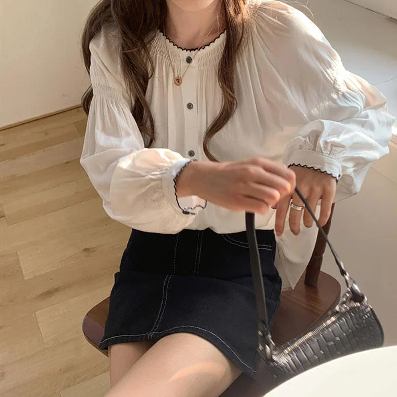 Women's Sweet Puff Sleeve Ruffles Loose Shirts