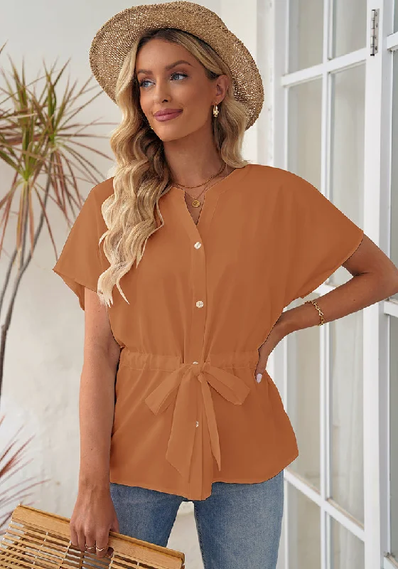 Amber Brown Women's Short Sleeve Office Blouse Button-Down Shirts