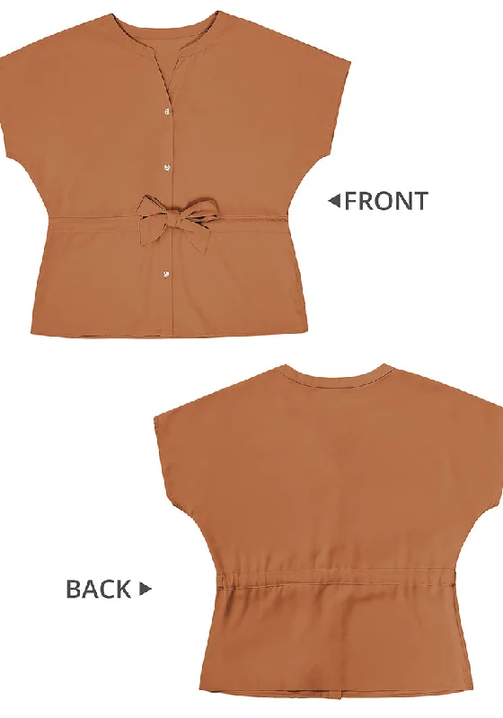 Amber Brown Women's Short Sleeve Office Blouse Button-Down Shirts