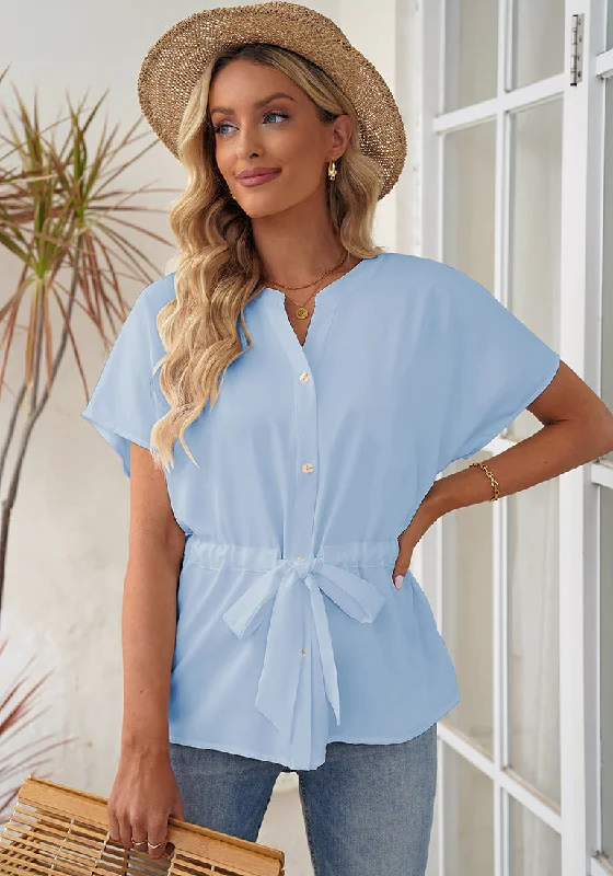 Baby Blue Women's Short Sleeve Office Blouse Button-Down Shirts