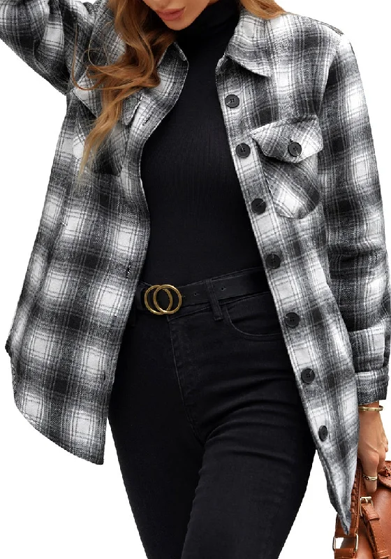 Black Plaid Long Sleeves Button Down Jacket