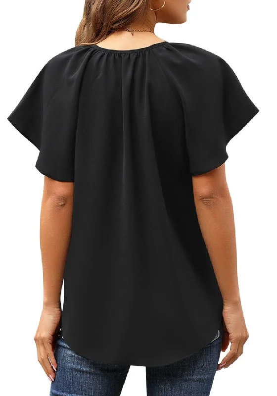 Black Tie-Up Neckline Flared Short Sleeves Plain Top