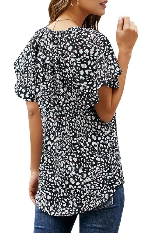 Black Tie-Up Neckline Flared Short Sleeves Printed Top